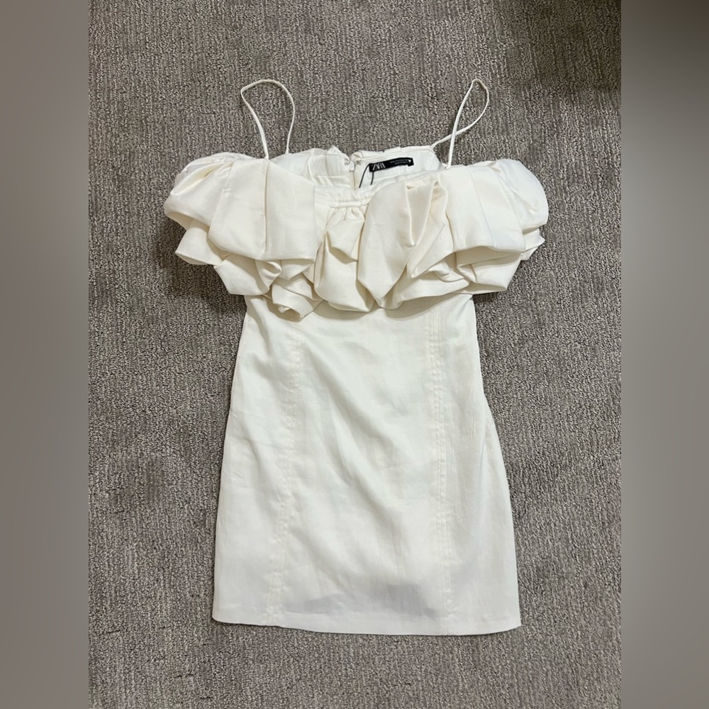 Zara Oyster White Ruffle Mini Dress